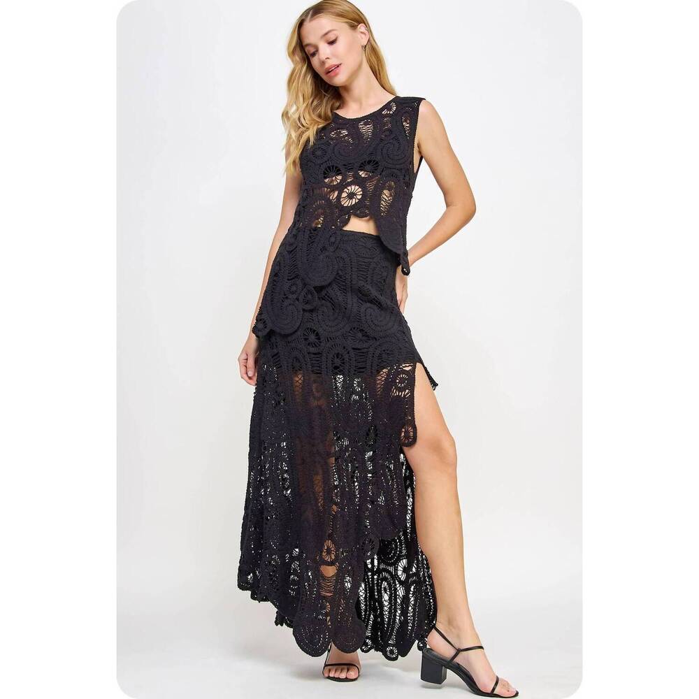 NEW STRUT & BOLT lea asymmetric scalloped crochet top and skirt set in black